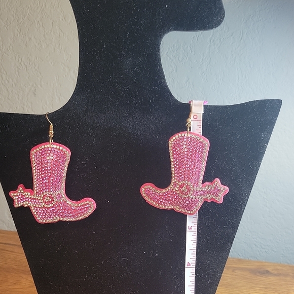 Pink Sequin Cowboy Boot Earrings with Gold Trim - Picture 3 of 3